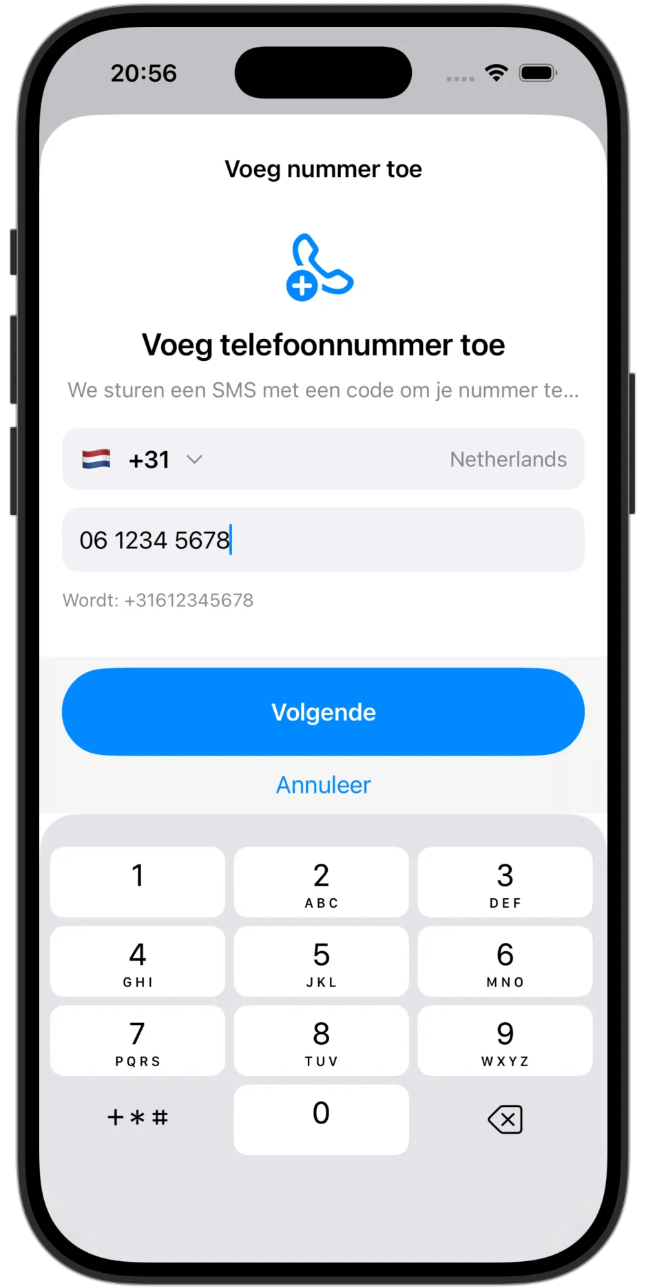 Telefoonnummer registreren in de app.