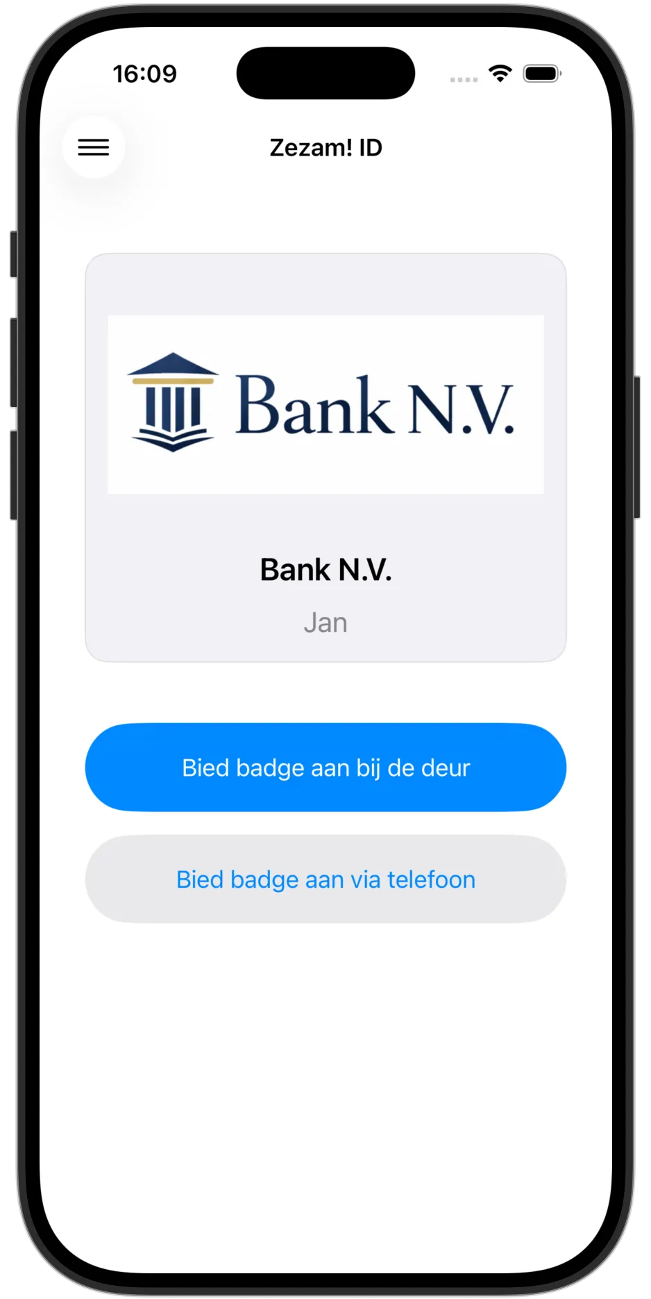 Zezam! ID app voorbeeldscherm.